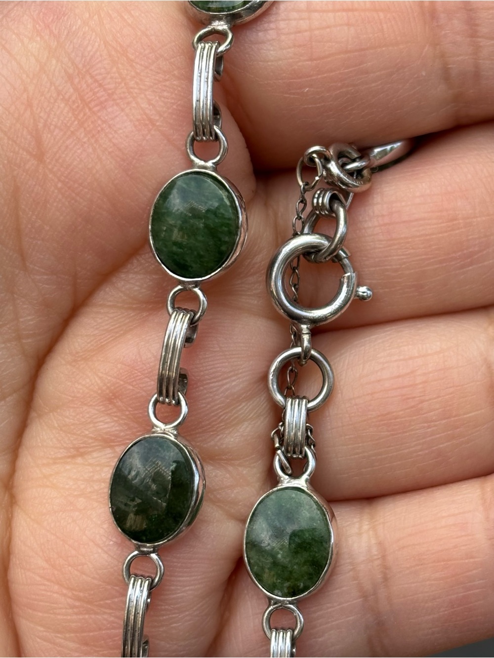 Vintage Green Jade Bracelet 12K White Gold Filled Oval Stone Link Bracelet 7”